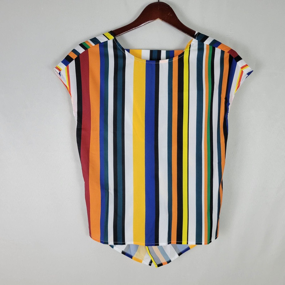 Shein‎ Womens Blouse Small Top Multicolor Striped Short Cap Sleeve Deep V Neck